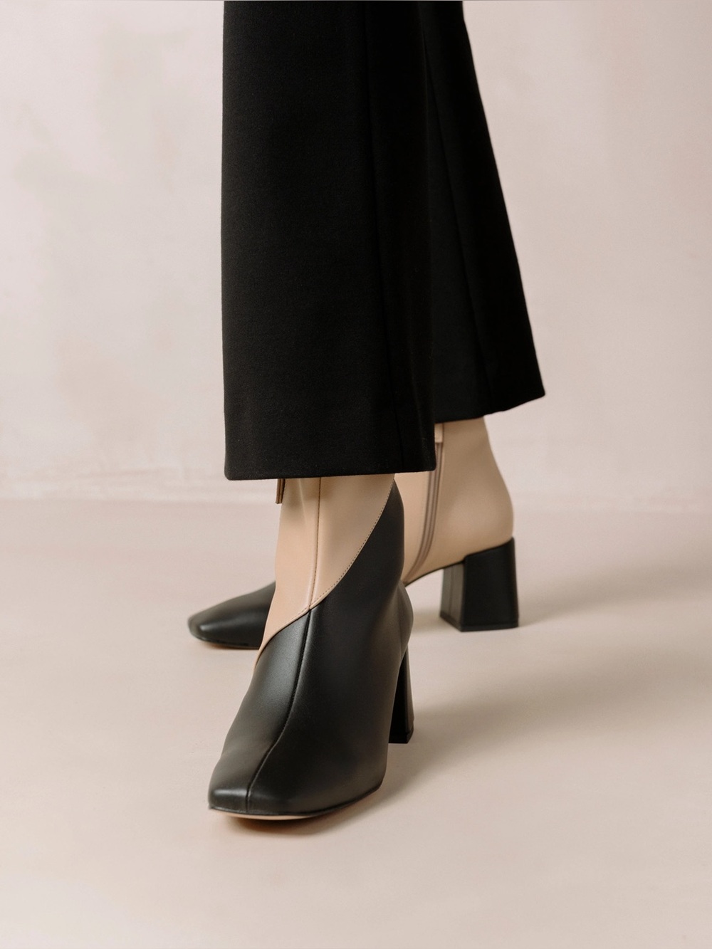 ALOHAS Two-Tone Black and Beige Block Heel Ankle Boots